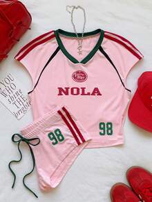 Comfortcana 2026 New Arrival Summmer Women's Casual 80s Graphic Printed V-Neck T-Shirt Shorts 2-Piece Set Festival Outfits For Women Beach Everyday Outfit For Women Vacation Outfits Women Women's Sportswear Y2k Graphic Light Pink Outfit Tennis Outfit For Women Set Teen Girl Outfits Set For - Pink - View 6