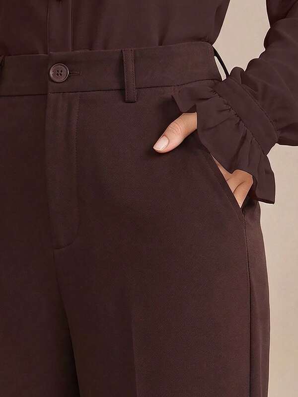 Anewsta Pantalones marrones para mujer, pantalones acampanados elegantes con bolsillos con remaches, adecuados para el trabajo, el transporte y el uso casual