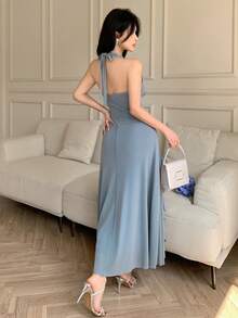 Feyla Đầm dạ hội cổ bèo thiết kế mới, kiểu dáng lãng mạn, thanh lịch, thích hợp cho kỳ nghỉ. - Màu xanh bụi bặm - Xem 4