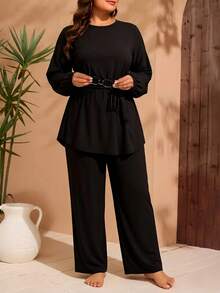 Swim Mulvari Traje de baño tipo tankini conservador y negro para mujer de talla grande, adecuado para la playa y resorts, Oriente Medio - Negro - Ver 3