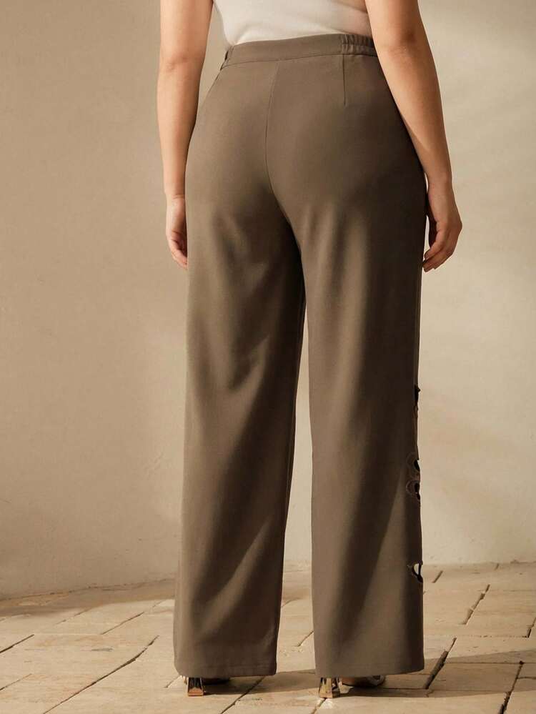 Anewsta Women's Spring/Summer Brown-Green Floral Hollow-Out Embroidery Loose Straight Leg Pants, Suitable For Party, Valentine's Day, Carnival And Wedding Occasions