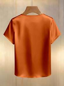 SHEIN LUNE 女士香槟色优雅圆领珍珠装饰长袖衬衫，缎面面料，适合通勤和日常优雅穿着 - 橘色 - 查看 2