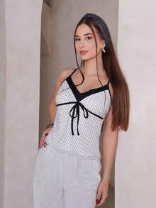 Duda Rubert 女式撞色波尔卡圆点印花系带吊带背心 - 黑與白 - 查看 3