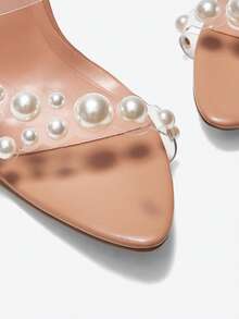 Eladyva Sandalias de tacón alto transparentes y desnudas para mujeres con decoración de perlas, sandalias de tacón alto simples y elegantes con punta puntiaguda para fiestas de verano, modernas y cómodas - Albaricoque - Ver 9
