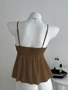 Sweetra Top de tirantes plisado de unicolor rosa para mujer, ideal para el verano - Marrón - Ver 2