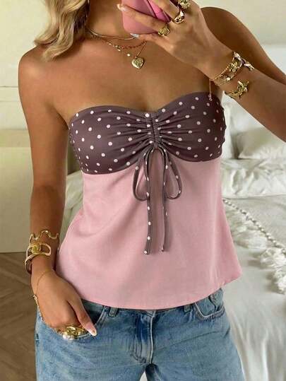Women's Summer Beach Vacation Style Polka Dot Print Chest Drawstring Ruched Twist Bandeau Top