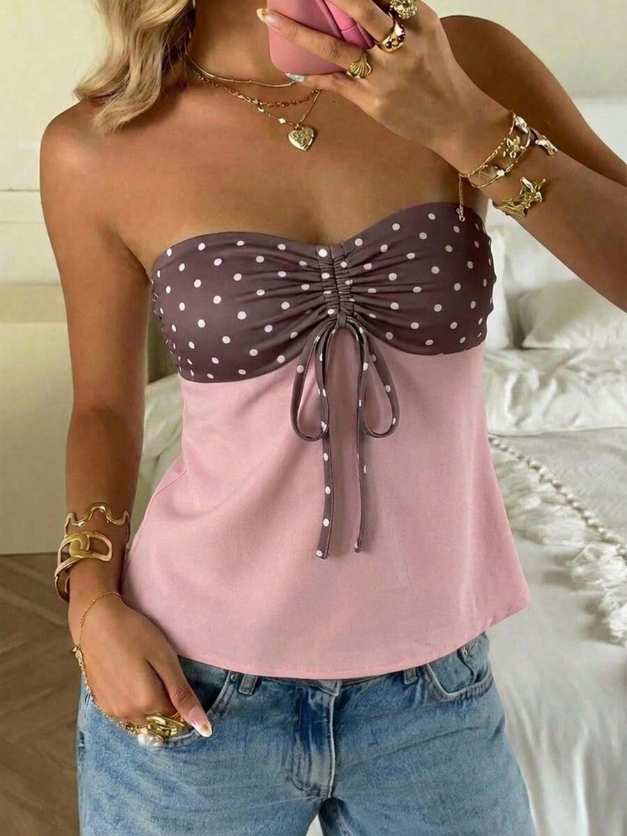 Women's Summer Beach Vacation Style Polka Dot Print Chest Drawstring Ruched Twist Bandeau Top - Multicolor - View 1