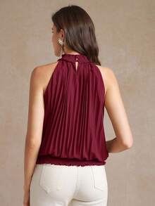 Amorya 女士纯色领带褶皱休闲百搭日常衬衫 - 酒紅色 - 查看 2