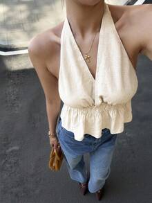 Siren Gaze 女士纯色简约亚麻吊带背心，春夏新品 - 杏色 - 查看 7