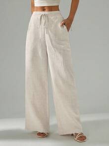 SHEIN PETITE 女士纯色亚麻系带阔腿口袋纹理通勤裤复古风格亚麻裤宽松夏季女装沙滩度假装女裤 - 杏色 - 查看 6
