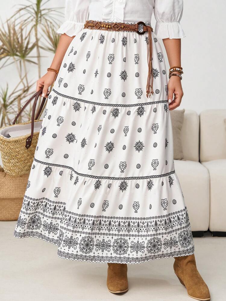 Plus Size White Boho Tiered Skirt With Black Print Elastic Waist Flared Maxi White Skirt With Black Patterned Skirt Comfortable Summer Flowy Design Plus Size Women Festival Outfits For Plus Size Women Beach Outfits For Plus Size Women Vacation Outfits Plus Size  Women Country Concert Outfit Boho Outfit