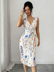 Elenzga 优雅印花裹身荷叶边蝴蝶结腰部中长连衣裙，休闲度假日常穿着，时尚杏色连衣裙 - 杏色 - 查看 1