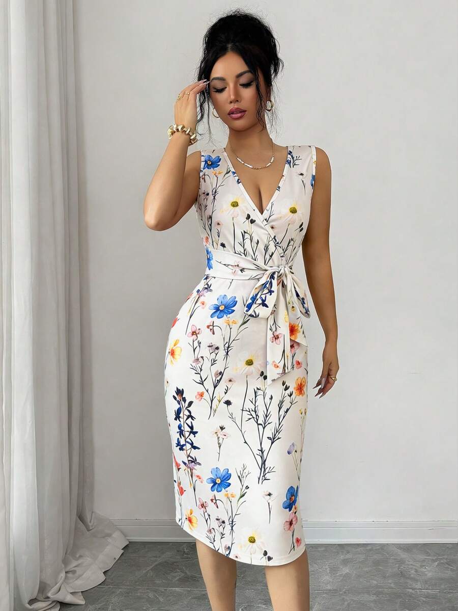 Elenzga 优雅印花裹身荷叶边蝴蝶结腰部中长连衣裙，休闲度假日常穿着，时尚杏色连衣裙 - 杏色 - 查看 1