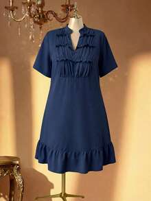 Rometta Plus Size Women Solid Color Casual V-Neck Ruched Cut-Out Midi Dress - Navy Blue - View 5