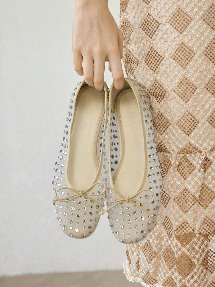 WOMEN SHOES NEW EUROPEAN AND AMERICAN FASHION MESH RHINESTONE BOW SMALL SQUARE TOE FLAT SHOES, VERSATILE, COMFORTABLE, LIGHTWEIGHT, SIMPLE BALLET ELEGANT FAIRY STYLE DANCE SHOES SPRING SHOES