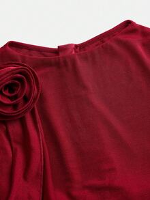 Teen Girl Red Summer Elegant Satin Party Dress,Solid Color 3D Floral Decor Ruffle Sleeveless Tank Spring Casual Dresses - Burgundy - View 10