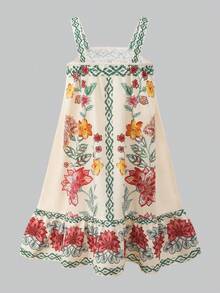 Tween GirlsCasual Vacation White Floral Print Bow Strap Dress, Summer Outfits, White Dresses, Fashionable Design Versatile Suitable For Holiday, Travel, Campus, Daily Wear - Multicolor - View 2