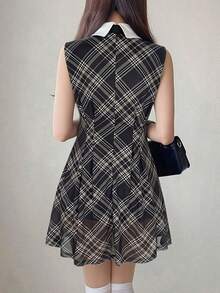 FRIFUL 女士常规领格子无袖A字腰连衣裙 - 棕色 - 查看 5