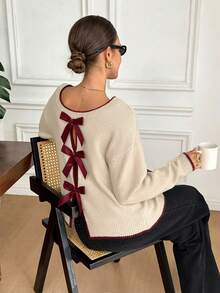 Serisse Suéter de mujer de estilo minimalista casual con ribete de contraste en vino tinto, lazo en vino tinto y bordado de corazón en vino tinto, adecuado para otoño/invierno, fiestas, versátil - Multicolor - Ver 4