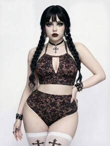 ROMWE Goth Bộ đồ bơi cỡ lớn có thể điều chỉnh, in họa tiết ren hoa tối màu cổ điển, thích hợp cho kỳ nghỉ hè, đi biển, đi lễ hội âm nhạc, bộ đồ bơi cỡ lớn. - màu đen - Xem 4