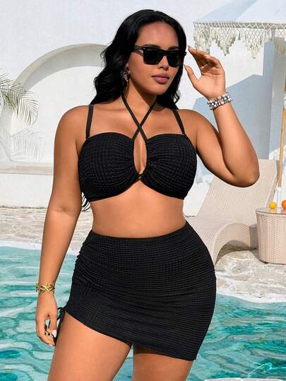 Swim SXY Plus Size 3-Piece Swimsuit Set, Elegant Black Waffle Texture Sexy Bikini, Including Halter Neck Top, High-Waisted Bottoms, And Matching Drawstring Ruched Mini Skirt, Suitable For Beach Vacation, Pool Party