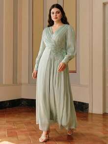 Anewsta Đầm voan màu xanh ngọc thanh lịch, cổ chữ V, đính cườm và thêu hoa, cỡ lớn. - màu xanh lá - Xem 5
