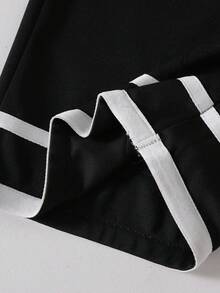 Tween Girl Striped Lapel NeckDouble-Breasted Short Sleeve Shirt And Pants Casual Outfit - Black - View 3