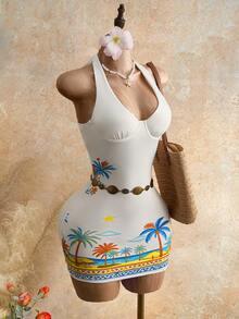 Mistrie Women's Floral Print Pleated Elegant Sexy Minimalist Halter Tie Waist Short Dress, Suitable For Dates Golf White Summer - Apricot - View 1