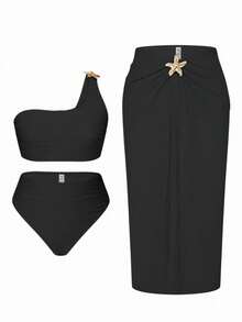 Swim Oasis Conjunto de bikini de 3 piezas unicolor para mujer de talla grande, adecuado para la playa, la natación y las vacaciones - Negro - Ver 1