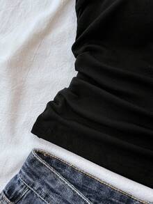 SHEIN 少女夏季纯色侧边褶皱背心 - 黑色 - 查看 6