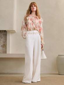 Arave Women's V-Neck Chiffon Fabric Long Sleeve Ruffle Striped Casual Blouse - Apricot - View 3