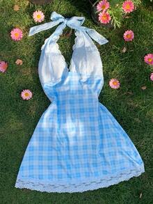 Comfortcana Women's Contrast Lace Plaid Deep V-Neck Sexy Halter Mini Dress - Baby Blue - View 1