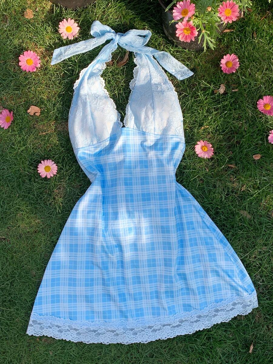 Comfortcana Women's Contrast Lace Plaid Deep V-Neck Sexy Halter Mini Dress - Baby Blue - View 1