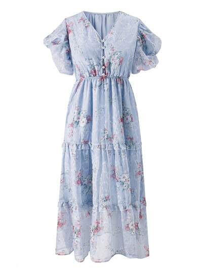 K-Vae 女士碎花V领短袖中长连衣裙