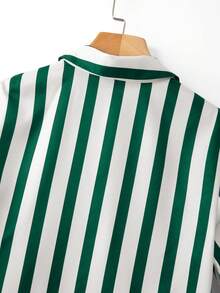 Women's Navy Blue Digital Print Striped Loose Turndown Collar Short Sleeve Gathered Cinched Waist Elegant Unique Design Blouse For Work - Green - View 7