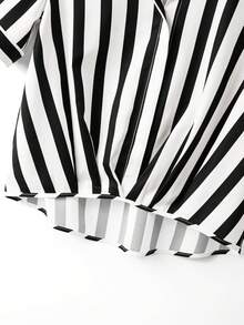 GlowEve 女士藏蓝色数码印花条纹宽松翻领短袖收腰修身通勤优雅独特设计衬衫 - 黑色 - 查看 6