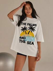 Athîral 女士休闲度假通勤热带棕榈树标语印花宽松白色T恤，夏季 - 白色 - 查看 3