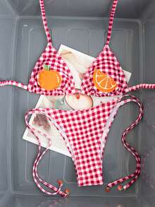 Swim Mod Women's Summer Beach Vacation Style Orange Embroidery Plaid Print Twist Front Halter Bikini Top - Pink - View 5