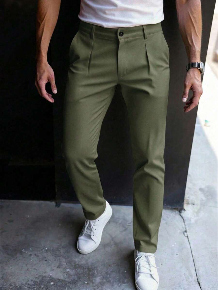 Manfinity Mode Men Solid Color Fold Pleated Waist Casual Pants, Formal - Army Green - View 1