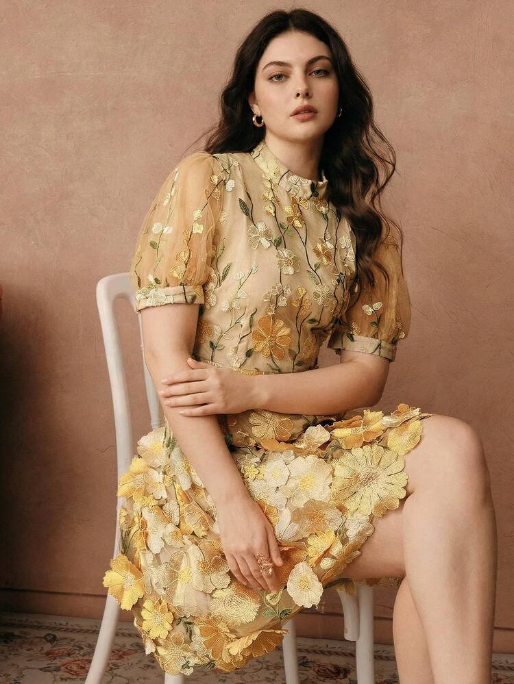 Plus Size Women Elegant 3D Floral Textured Stand Collar Petal Sleeve A-Line Short Dress