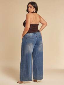 SHEIN BAE Plus Size Women's Brown Solid Textured Knit Halter Neck Slim Fit Pleated Backless Top,Elegant Autumn Night Out Club Tight-Fitting Y2k Party Tops - Brown - View 3