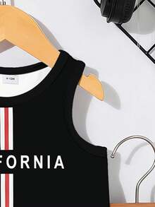 SHEIN Playful Pals 男婴休闲街头风条纹字母印花背心套装（含上衣和黑色短裤），两件套，适合夏季外出穿着 - 彩色 - 查看 5