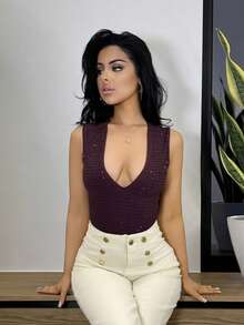 Vassilux Black Elegant Square Rhinestone Deep V Neck One-Piece Swimsuit For Women Burgundy - Maroon - View 3