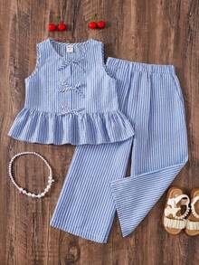 Emery Rose Kids Emery Rose Kids 年轻女孩休闲街头时尚通勤装条纹方领无袖上衣和直筒裤套装 - 藍色 - 查看 2