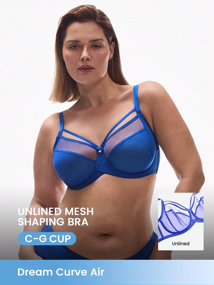LUVLETTE Plus Dream Curve Air Unlined Full Coverage Side Support Airy Blue Mesh Basic Breezy Comfort Minimizer Bra - Blue - View 1