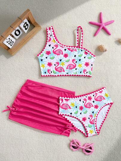 3pcs Girls Tropical Floral & Flamingo Print Bikini Set With Beach Skirt, Summer Holiday