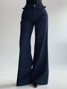 DAZY 女士纯色褶皱喇叭宽松休闲度假夏季牛仔裤 Y2k - 藍色 - 查看 7