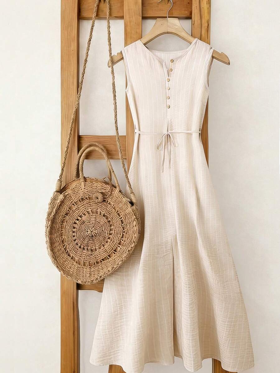SHEIN Franclia Đầm nữ cổ chữ V không tay, thắt eo, kiểu dáng thường ngày, thoải mái và tôn dáng, họa tiết sọc màu mơ, thích hợp mặc đi làm vào mùa hè. Đầm hè không tay dành cho nữ. - Màu be - Xem 1