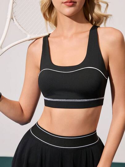  Courtclass Women's Sports Bra, Black & White Color Block Design, Double Shoulder Straps, High Support For Tennis, Golf, Workout & Yoga, Professional Activewear