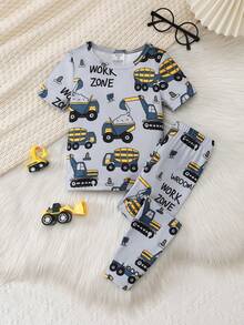 2件套男童休闲卡车字母印花短袖上衣和松紧腰针织打底裤家居服套装 - 灰色 - 查看 9